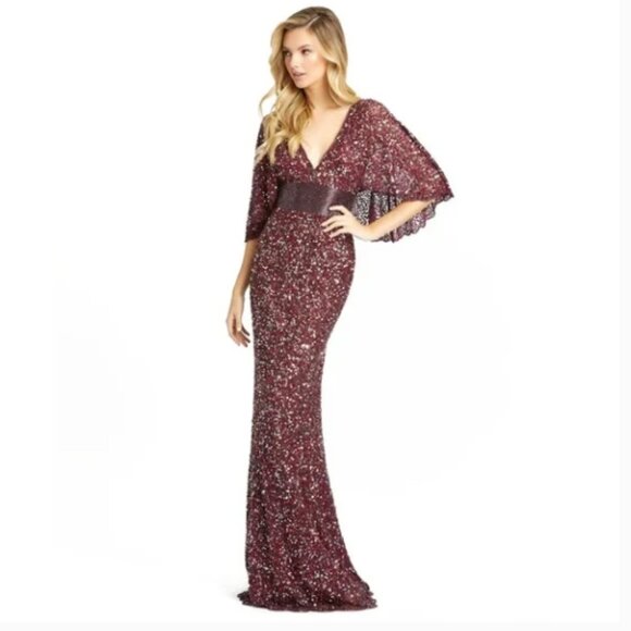 MAC DUGGAL 4808D SEQUINED V-NECK CAPE SLEEVE BEADED WAIST WINE GOWN sz 12 - Picture 1 of 5